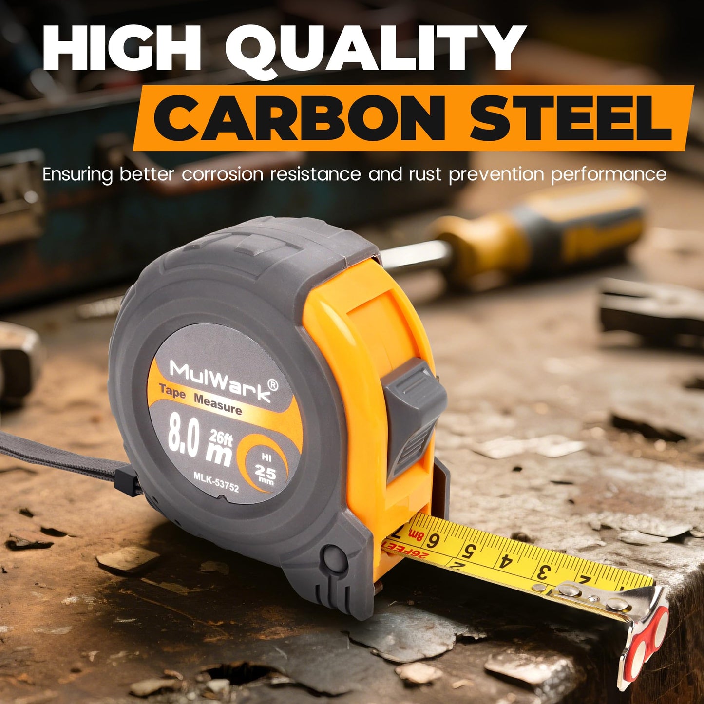 MulWark 8m/26ft Measuring Tape Measure | Metric & Imperial Dual Scale | Magnetic Hook & Wide Blade | Both-Side Metal Blade | Shockproof Case | for Construction, Carpentry & DIY