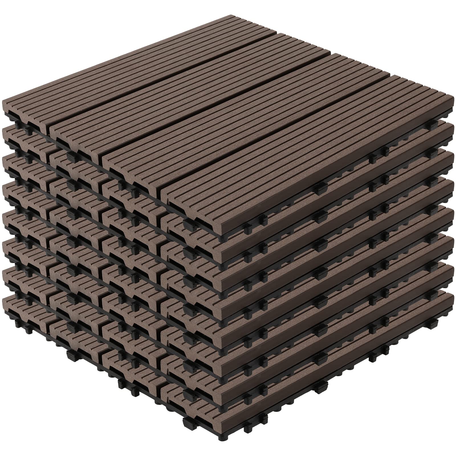 KOHAND 8 Packs 30x30x2cm Wood Outdoor Flooring Tiles, Interlocking Deck Tile Waterproof Plastic Composite Decking Tile for Indoor and Outdoor Use, Dark Brown