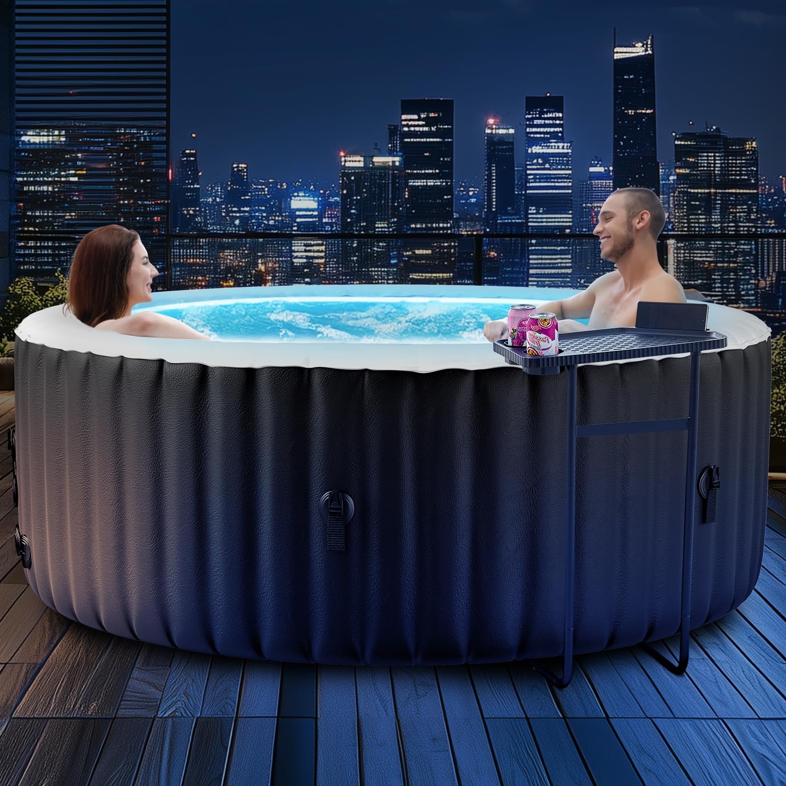 ZIKEBTUY Inflatable Hot Tub with Light 2-4 Person 2400W Portable SPA Pool Round bathtub adult Leak-Proof Blow up Hot Tub with Insulated Cover & Heater Pump for intdoor Outdoor SPA Pool (Circle)