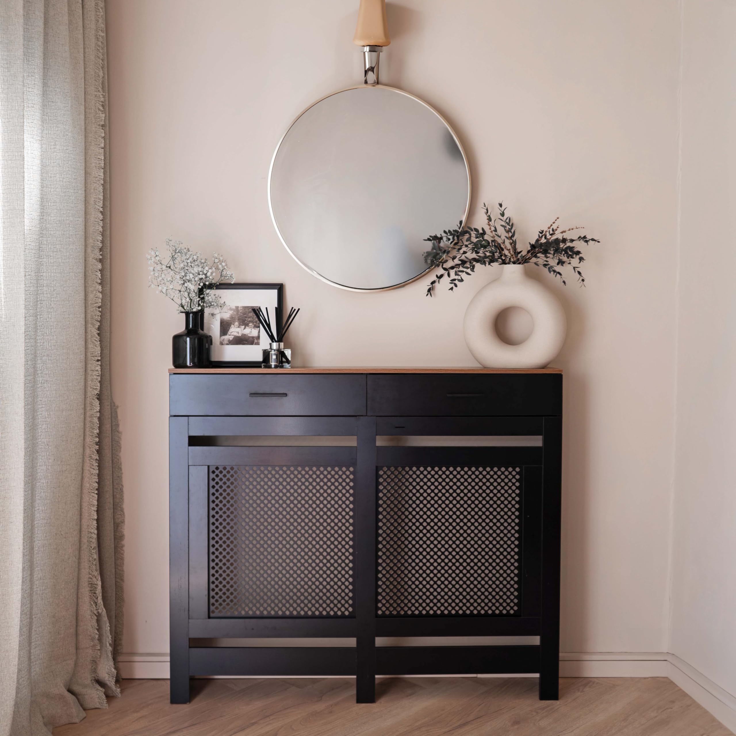 Jack Stonehouse Radiator Cover with Storage Drawer | Traditional Sturdy MDF Wooden Radiator Heater Grill Cabinet Covers For Living Room Bedroom Hallway Furniture (Diamond Slat - Black, Medium)