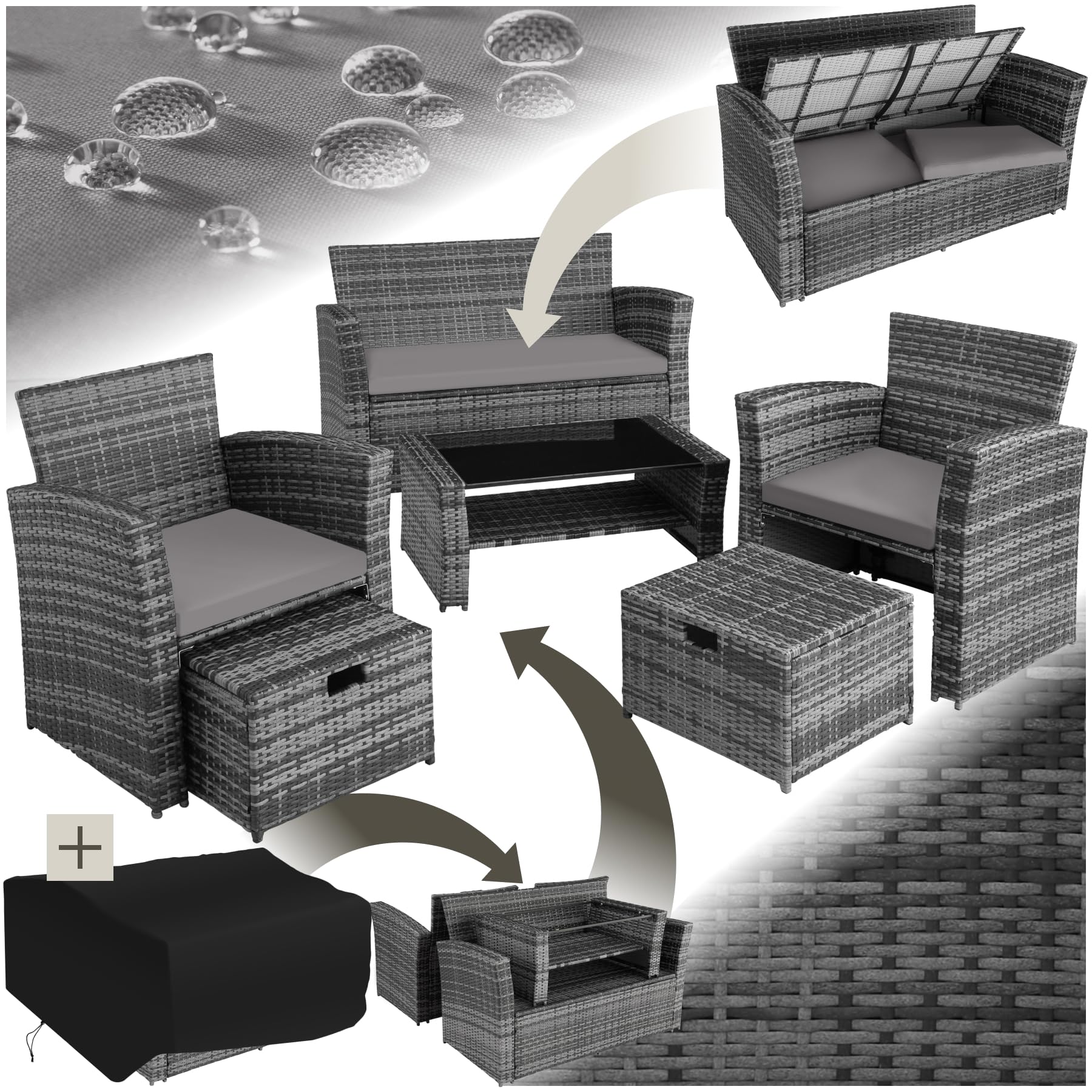 TecTake® Rattan Garden Furniture, with 1 Sofa, 1 Table and 2 Chairs with 2 stools, Patio Furniture Includes Garden Storage Box and Protective Cover, Ideal for Garden, Conservatory, patio - grey