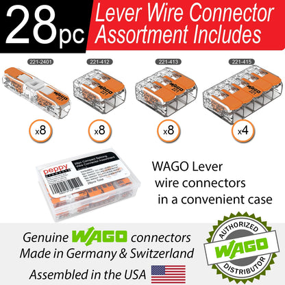 WAGO 221 Lever Nuts 28pc Compact Splicing Wire Connector Assortment with Case | Includes (8X) 221-2401, (8X) 221-412, (8X) 221-413, (4X) 221-415