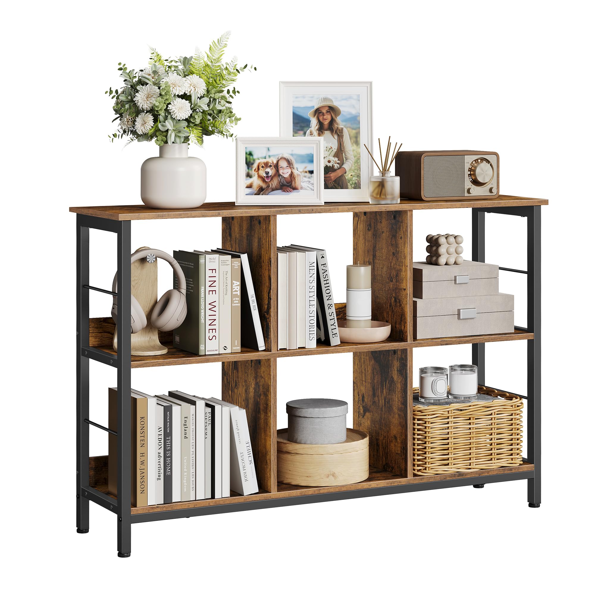 VASAGLE Bookshelf Bookshelf Shelf Unit 6 Compartments for Office Living Room Bedroom 120 x 33 x 80 cm Industrial Design Rustic Brown and Black LLS104B01