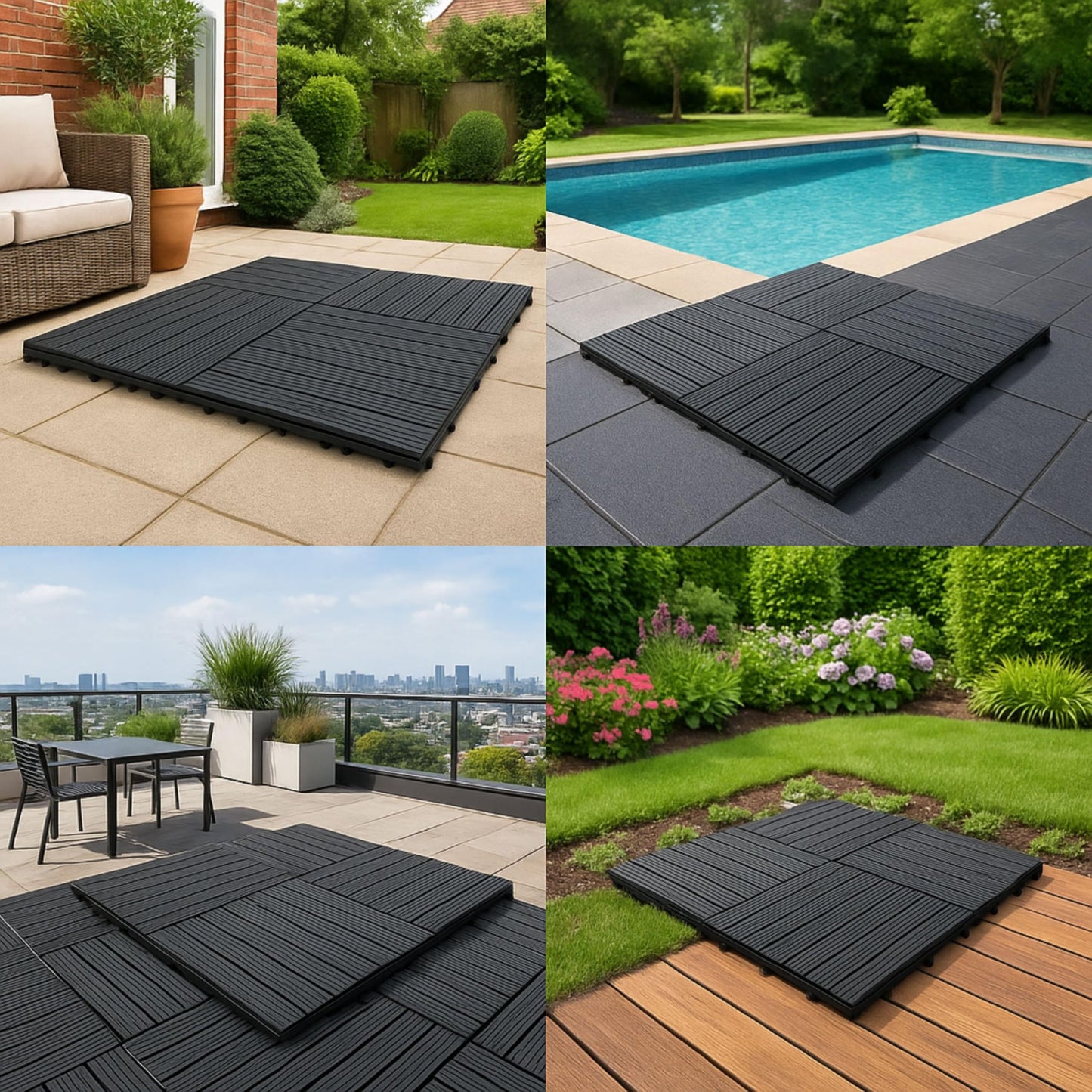 AAMEN Wood-Plastic Black Composite Decking Tiles Outdoor, Interlocking Non Slip Flooring Tile for Garden, Floor Patio Balcony Path Slab Deck Flooring Tub Surface Square 45cm (Pack 4)