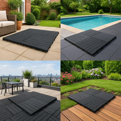 AAMEN Wood-Plastic Black Composite Decking Tiles Outdoor, Interlocking Non Slip Flooring Tile for Garden, Floor Patio Balcony Path Slab Deck Flooring Tub Surface Square 45cm (Pack 4)