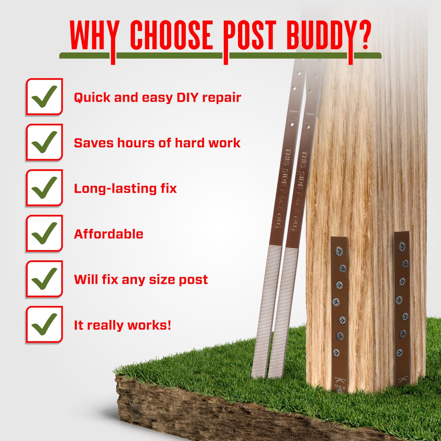 Post Buddy Pack of 2 Easy Fence Post Repair Kit (to Fix 1 Broken Wood Post), Quick and Simple to Install, Effective, Durable Steel Stakes