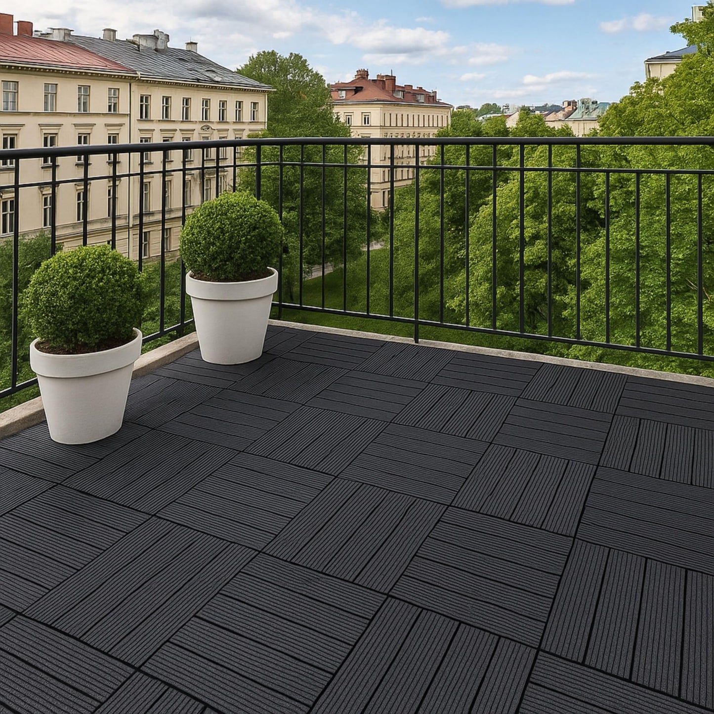 AAMEN Wood-Plastic Black Composite Decking Tiles Outdoor, Interlocking Non Slip Flooring Tile for Garden, Floor Patio Balcony Path Slab Deck Flooring Tub Surface Square 45cm (Pack 4)