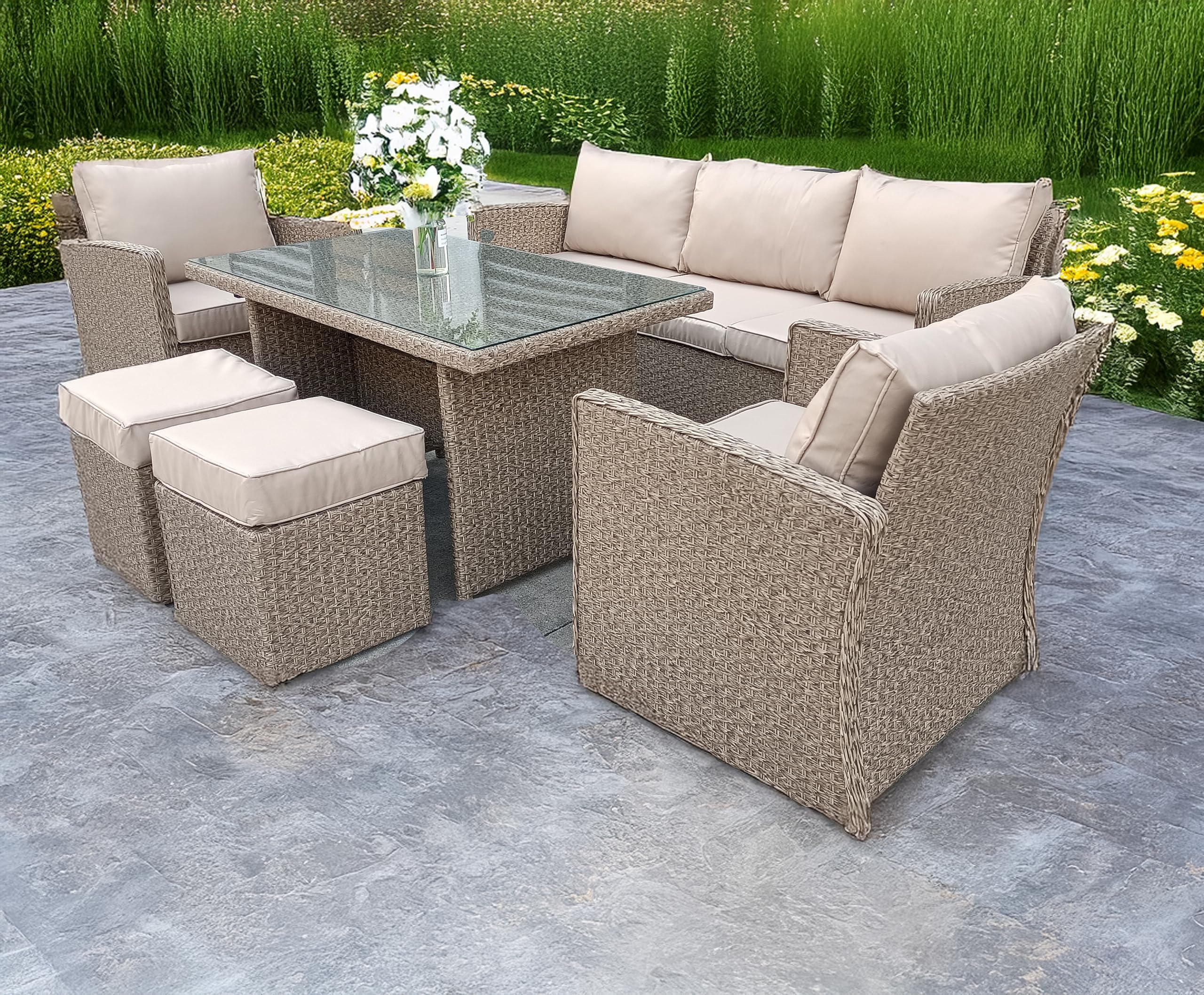 UK Leisure World NEW RATTAN WICKER CONSERVATORY OUTDOOR GARDEN FURNITURE DINING SET CORNER SOFA TABLE (Grey) (Beige)
