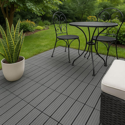 AAMEN Wood-Plastic Black Composite Decking Tiles Outdoor, Interlocking Non Slip Flooring Tile for Garden, Floor Patio Balcony Path Slab Deck Flooring Tub Surface Square 45cm (Pack 4)