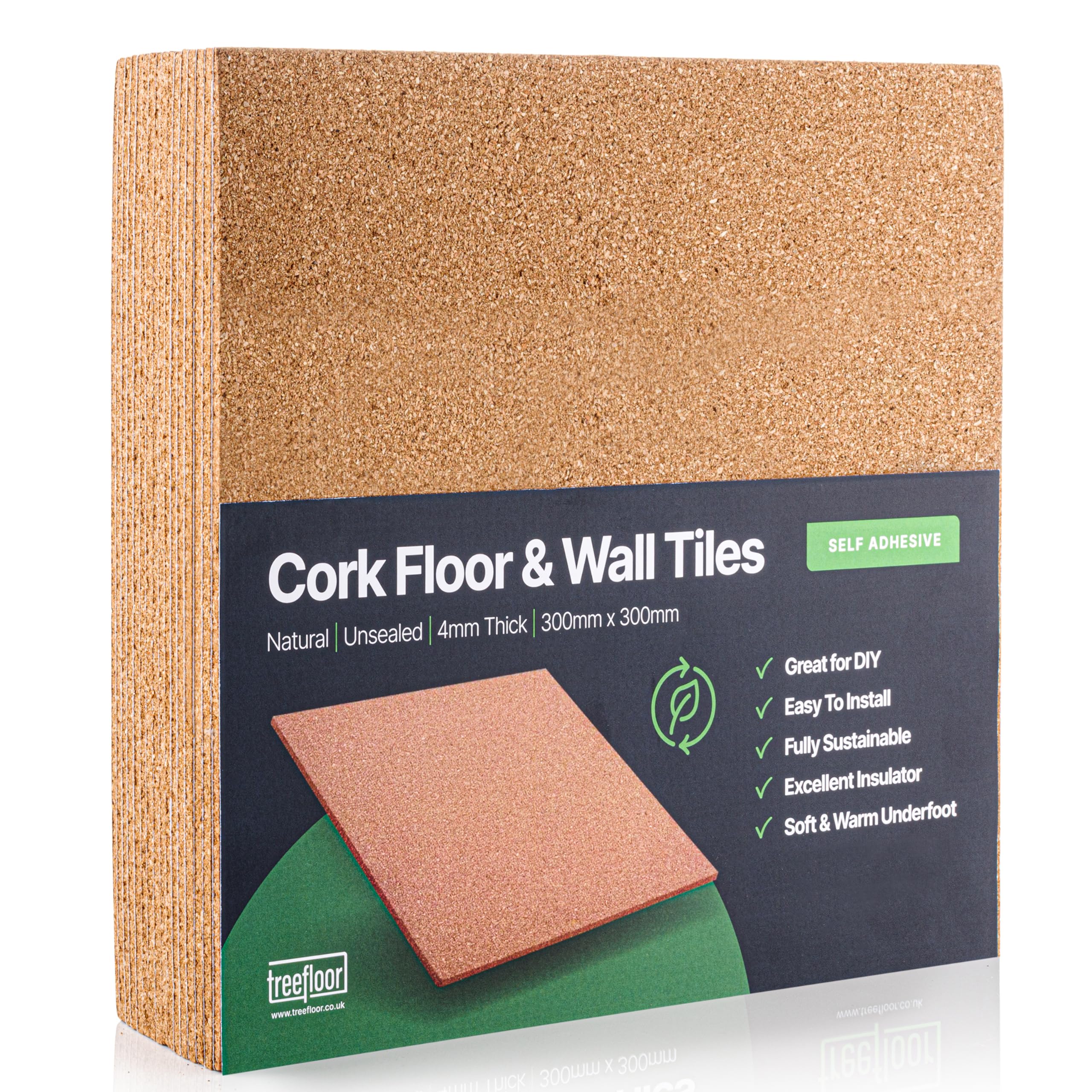 Treefloor Natural Self-Adhesive Cork Tiles (300mm x 300mm x 4mm, 9, Tiles)