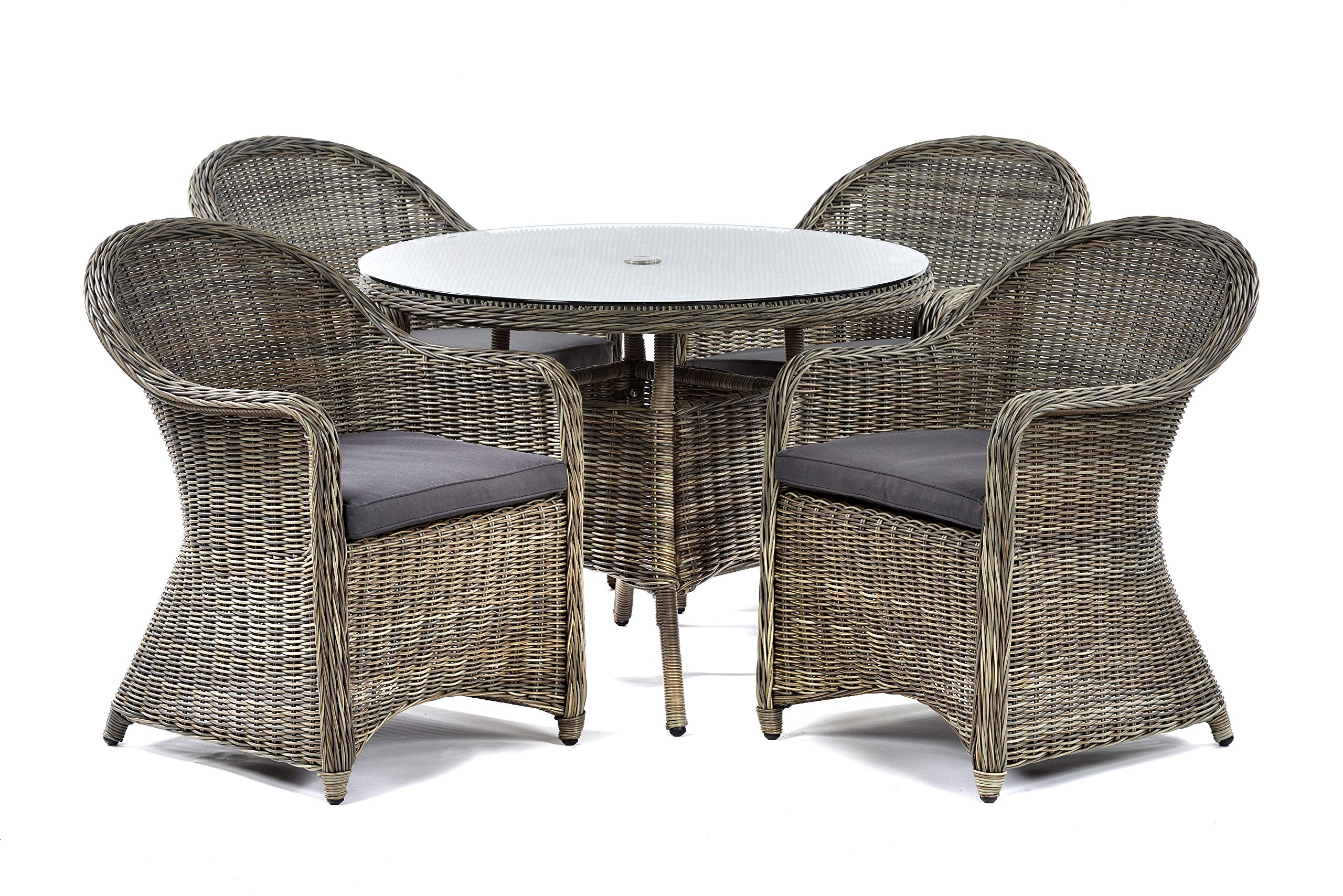 BrackenStyle Regent Rattan 4 Seat Dining Set - 100cm Round Garden Dining Table & 4 Arm Chairs Set - Luxury Patio Furniture - Tempered Glass Top with Parasol Hole
