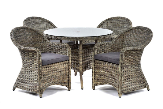 BrackenStyle Regent Rattan 4 Seat Dining Set - 100cm Round Garden Dining Table & 4 Arm Chairs Set - Luxury Patio Furniture - Tempered Glass Top with Parasol Hole