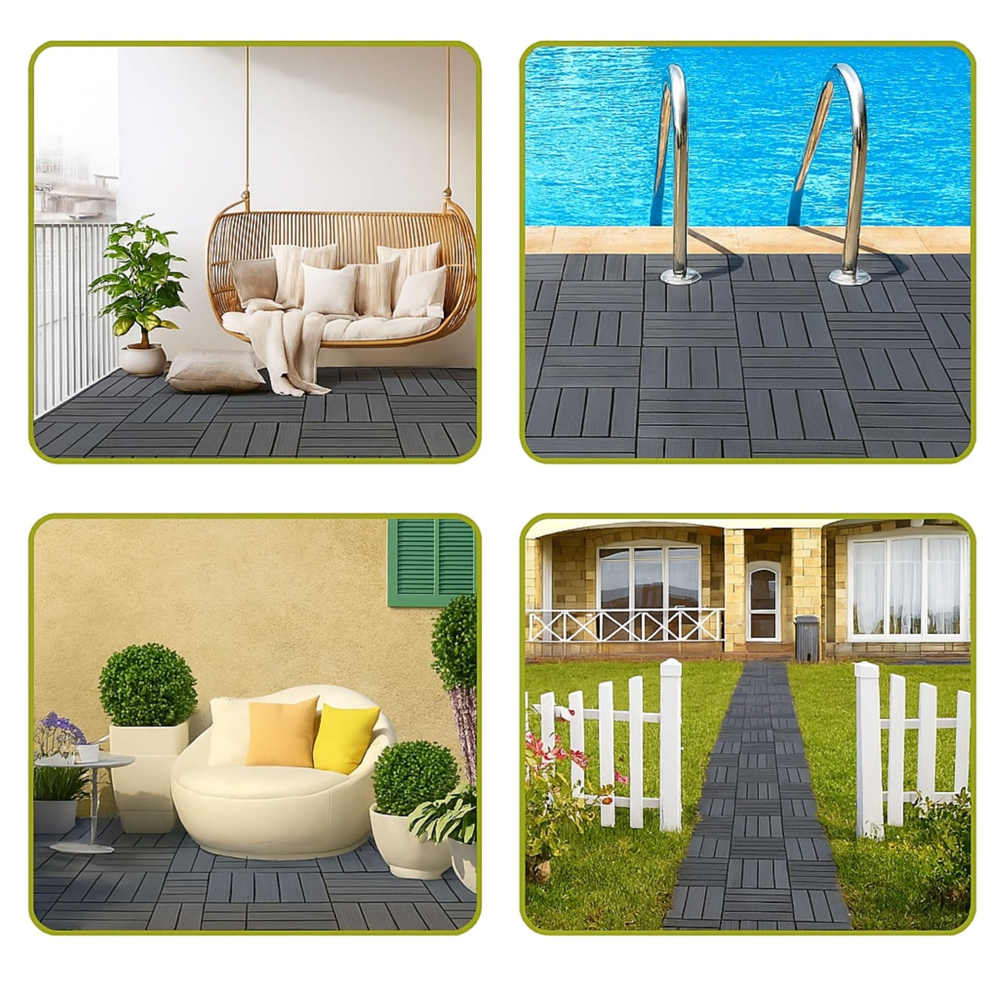 AAMEN Wood-Plastic Black Composite Decking Tiles Outdoor, Interlocking Non Slip Flooring Tile for Garden, Floor Patio Balcony Path Slab Deck Flooring Tub Surface Square 45cm (Pack 4)