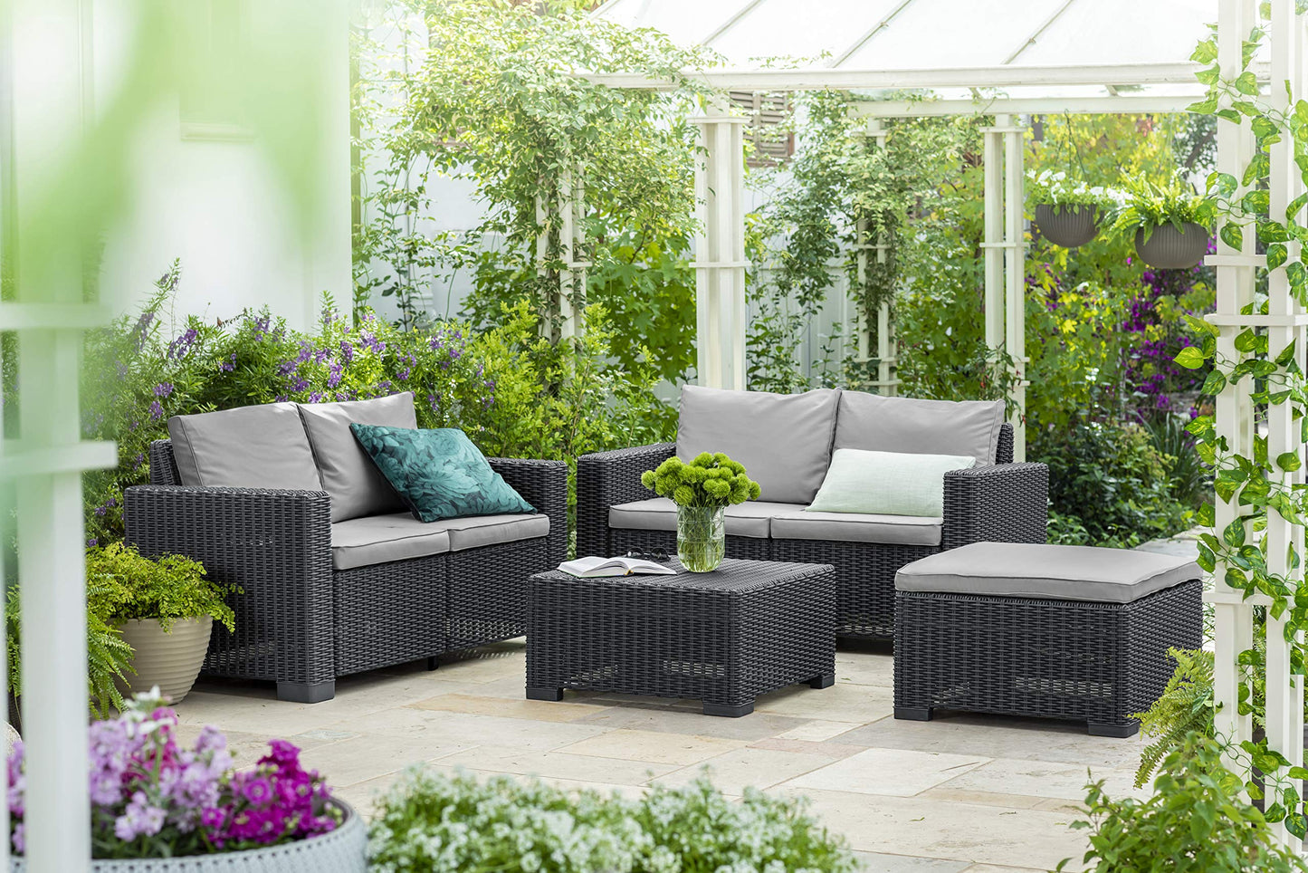 Keter California Double 2 Seater 83% recycled Outdoor Garden Furniture Chaise Lounge Set - Graphite with Grey Cushions Fade Free | All Weather Resistant | Easy Clean | Zero Maintenance