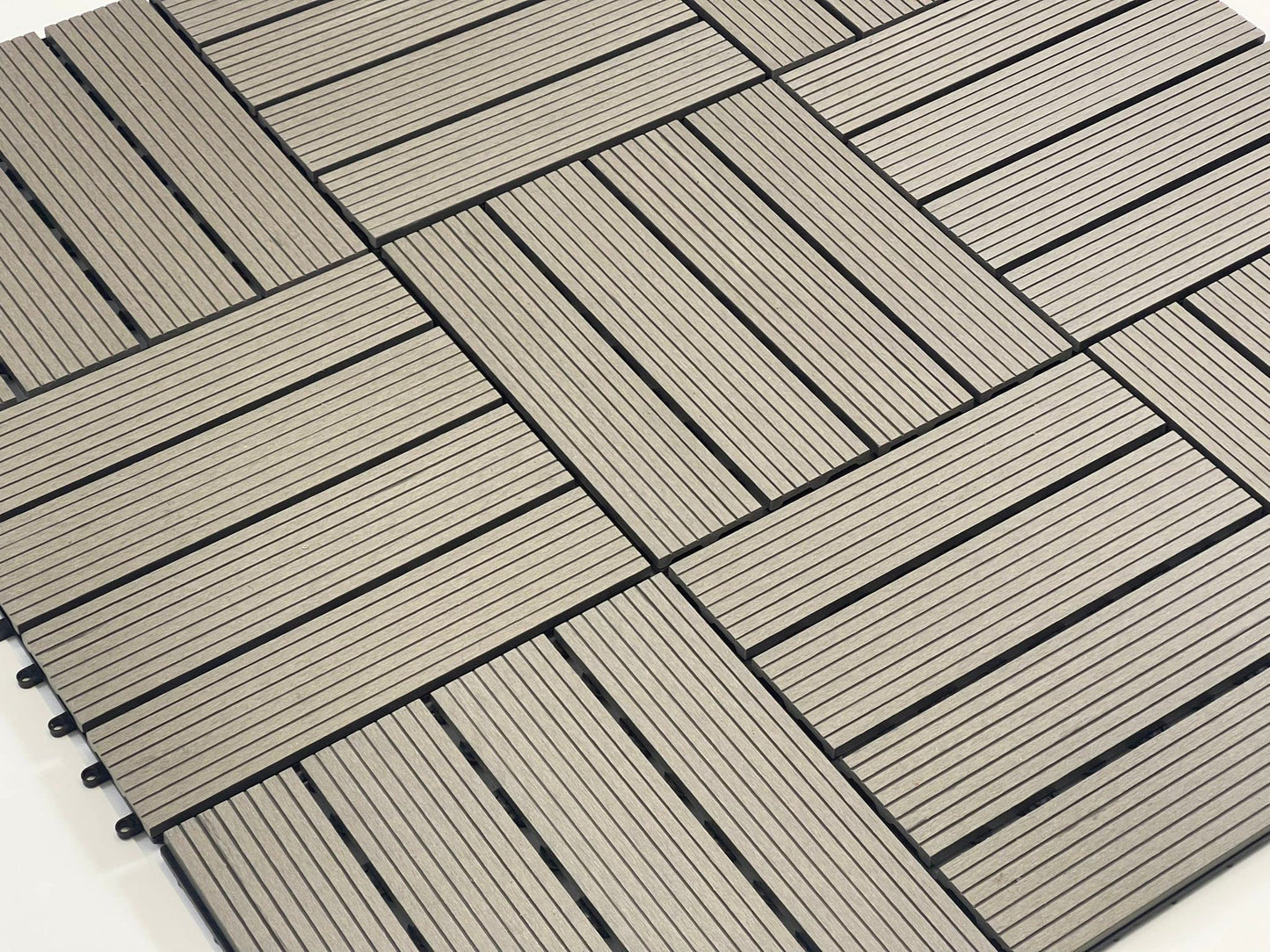 AQS INTERNATIONAL Set of 11 (1m²) Decking Floor Tile - Interlocking Plastic WPC Garden Patio Terrace Balcony Tiles - Flooring Wood Plastic Composite With Click System 30cm x 30cm (Grey)
