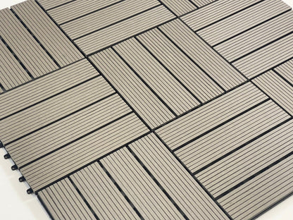AQS INTERNATIONAL Set of 11 (1m²) Decking Floor Tile - Interlocking Plastic WPC Garden Patio Terrace Balcony Tiles - Flooring Wood Plastic Composite With Click System 30cm x 30cm (Grey)