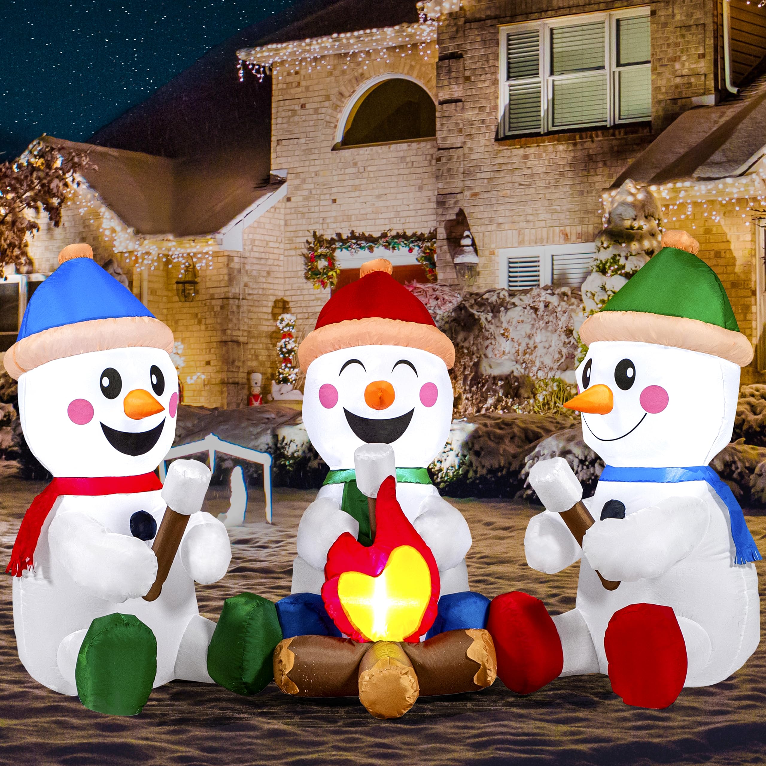 Joiedomi 6 FT Christmas Snowman Inflatable Outdoor Decoration, Snowman Blow Up Inflatables for Xmas Party, Shinny for Party Indoor, Outdoor, Yard, Garden, Lawn (3 Small Snowmen with Campfire)